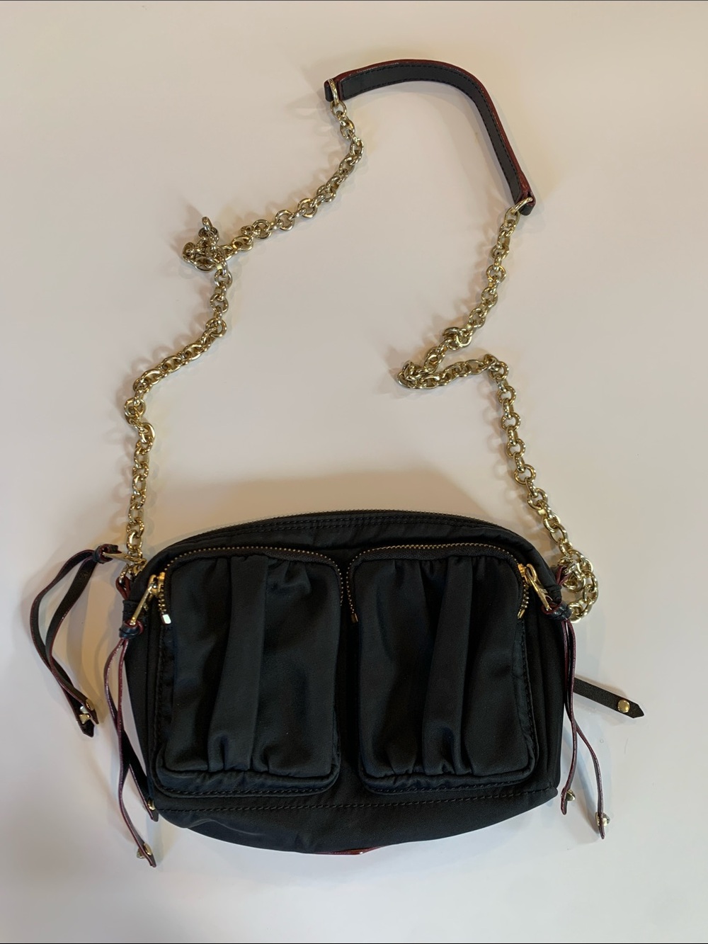 ⁠MZ Wallace Black Nylon Crossbody Bag Gold Chain Strap Red Lining Double Pocket⁠